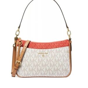 Michael Kors Cream & Coral Signature Shoulder Bag with Tan Trim. New